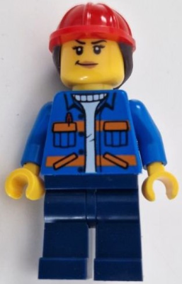 Construction Worker - Female, Blue Jacket with Diagonal Lower Pockets and Orange Stripes, Dark Blue Legs, Red Construction Helmet with Dark Brown Ponytail Hair – ГРАДСКИ