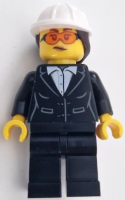 Construction Engineer / Architect - Female, Black Suit Jacket with White Button Up Shirt, Black Legs, White Construction Helmet with Dark Brown Ponytail Hair, Safety Glasses – ГРАДСКИ