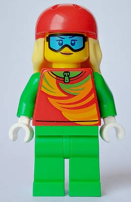 Skier - Female, Red Top, Bright Green Legs, Red Sports Helmet, Bright Light Yellow Long Hair, Ski Goggles – ГРАДСКИ