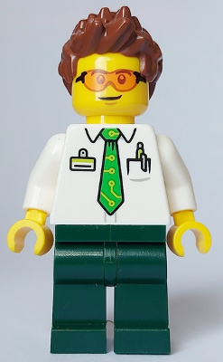 Electric Scooter Rider - Male, White Shirt with Bright Green Tie, Dark Green Legs, Reddish Brown Spiked Hair, Safety Glasses – ГРАДСКИ