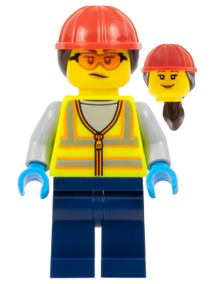 Airport Worker - Female, Neon Yellow Safety Vest, Dark Blue Legs, Red Construction Helmet with Dark Brown Ponytail Hair, Safety Glasses – ГРАДСКИ