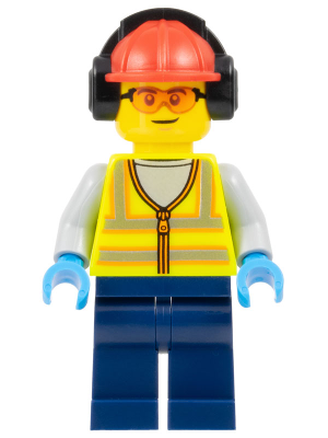 Airport Worker - Male, Neon Yellow Safety Vest, Dark Blue Legs, Red Construction Helmet with Black Ear Protectors / Headphones, Safety Glasses – ГРАДСКИ