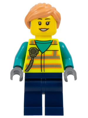 Airport Worker - Female, Neon Yellow Safety Vest with Radio, Dark Blue Legs, Nougat Ponytail Hair, Hearing Aid – ГРАДСКИ