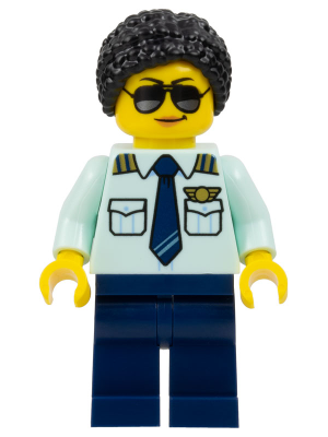 Passenger Plane Pilot - Female, Light Aqua Uniform Shirt with Tie, Dark Blue Legs, Black Braided Hair with Knot Bun, Sunglasses – ГРАДСКИ