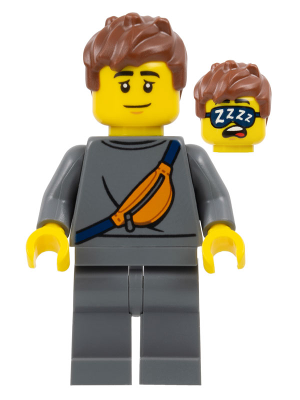 Plane Passenger - Male, Dark Bluish Gray Sweater with Orange Sling Bag, Dark Bluish Gray Legs, Reddish Brown Messy Hair, Sleep Mask – ГРАДСКИ