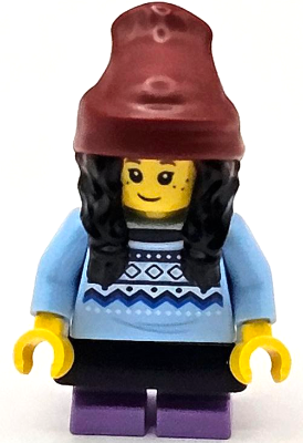Child - Girl, Bright Light Blue Knit Fair Isle Sweater, Medium Lavender Short Legs, Dark Red Beanie with Black Hair, Black Skirt (TikTok Fan) – ГРАДСКИ