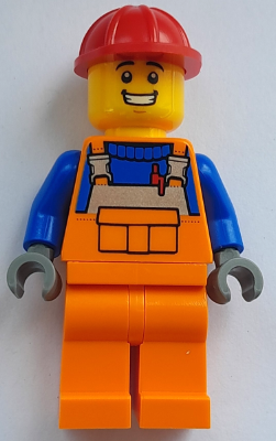 Construction Worker - Male, Orange Overalls with Reflective Stripe and Buckles over Blue Shirt, Orange Legs, Red Construction Helmet, Open Mouth Smile – ГРАДСКИ