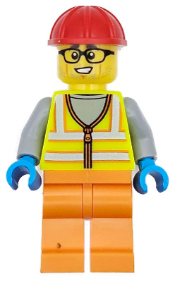Construction Worker - Male, Neon Yellow Safety Vest, Orange Legs, Red Construction Helmet, Black Glasses – ГРАДСКИ