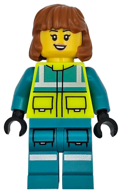 Ambulance Driver - Female, Dark Turquoise and Neon Yellow Safety Vest, Legs with Silver Reflective Stripes, Dark Orange Mid Length Hair – ГРАДСКИ