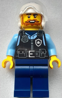Police - City Officer Male, Black Safety Vest with Silver Star Badge Logo, Dark Blue Legs, White Flight Helmet, Trans-Clear Visor, Beard – ГРАДСКИ