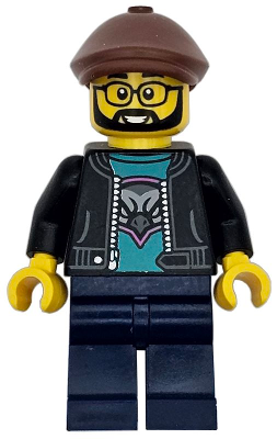 Race Truck Driver - Male, Black Jacket over Dark Turquoise Shirt with Hawk Head Logo, Dark Blue Legs, Reddish Brown Flat Cap, Beard, Glasses – ГРАДСКИ