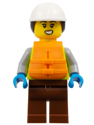 Dock Worker - Female, Neon Yellow Safety Vest, Reddish Brown Legs, White Construction Helmet with Da – ГРАДСКИ
