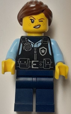 Police - City Officer Female, Black Safety Vest with Silver Star Badge Logo, Dark Blue Legs, Reddish Brown Hair with Ponytail – ГРАДСКИ