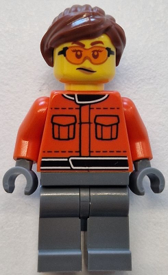 Formula 1 Race Crew Member - Female, Reddish Orange Racing Suit with Pockets, Dark Bluish Gray Legs, Reddish Brown Hair, Safety Glasses – ГРАДСКИ