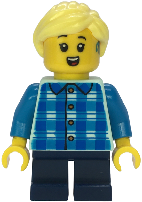 Child - Girl, Blue and Dark Azure Plaid Shirt, Dark Blue Short Legs, Bright Light Yellow Ponytail, Hearing Aid – ГРАДСКИ