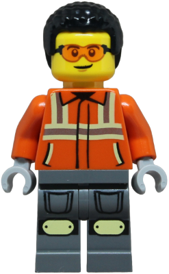 Construction Worker - Male, Reddish Orange Safety Jacket with Reflective Stripes, Dark Bluish Gray Legs with Knee Pads, Black Coiled Hair, Safety Glasses – ГРАДСКИ