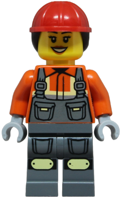 Construction Worker - Female, Dark Bluish Gray Overalls over Reddish Orange Safety Jacket with Reflective Stripes, Dark Bluish Gray Legs with Knee Pads, Red Construction Helmet with Dark Brown Ponytai – ГРАДСКИ