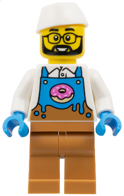 Donut Truck Vendor - Male, Dark Azure and Medium Nougat Apron with Donut over White Shirt, Medium Nougat Legs, White Butcher / Food Service Cap, Glasses, Beard – ГРАДСКИ