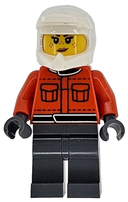 Formula 1 Pit Crew Member - Female, Reddish Orange Racing Suit with Pockets, Dark Bluish Gray Legs, White Dirt Bike Helmet, Freckles – ГРАДСКИ