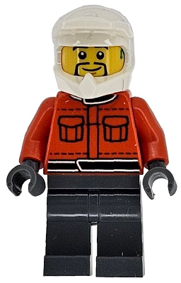 Formula 1 Pit Crew Member - Male, Reddish Orange Racing Suit with Pockets, Dark Bluish Gray Legs, White Dirt Bike Helmet, Goatee, Hearing Aid – ГРАДСКИ