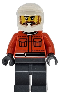 Formula 1 Pit Crew Member - Male, Reddish Orange Racing Suit with Pockets, Dark Bluish Gray Legs, White Dirt Bike Helmet, Beard and Moustache – ГРАДСКИ