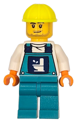 Toilet Soapbox Race Car Driver (Plumber) - Male, Dark Turquoise Overalls with Toilet Logo, Dark Turquoise Legs, Neon Yellow Construction Helmet, Stubble – ГРАДСКИ