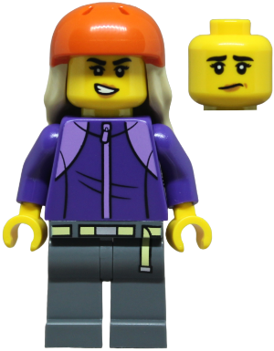 Skateboarder - Female, Dark Purple Tracksuit, Dark Bluish Gray Legs, Reddish Orange Sports Helmet, Tan Long Hair – ГРАДСКИ