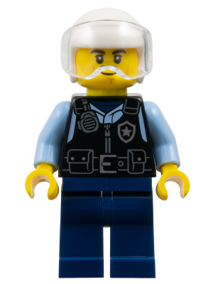 Police - City Officer Male, Black Safety Vest with Silver Star Badge Logo, Dark Blue Legs, White Helmet, Trans-Clear Visor, Lopsided Grin – ГРАДСКИ