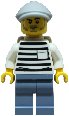 Police - City Jail Prisoner Male, White Shirt with Pocket and Black Stripes, Sand Blue Legs, Light Bluish Gray Flat Cap, Dark Tan Backpack – ГРАДСКИ