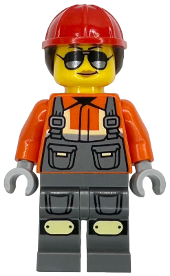 Construction Worker - Female, Dark Bluish Gray Overalls over Reddish Orange Safety Jacket with Reflective Stripes, Dark Bluish Gray Legs with Knee Pads, Red Construction Helmet with Dark Brown Ponytai – ГРАДСКИ