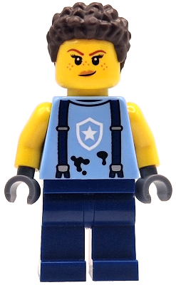 Police Mechanic - Female, Bright Light Blue Shirt with Suspenders, Black Splotches and White Star Badge Logo, Dark Blue Legs, Dark Brown Coiled Hair – ГРАДСКИ