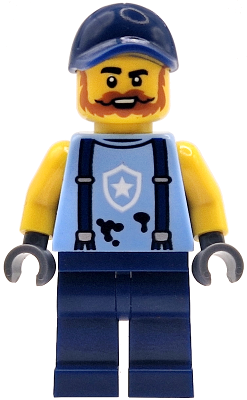 Police Mechanic - Male, Bright Light Blue Shirt with Suspenders, Black Splotches and White Star Badge Logo, Dark Blue Legs and Cap, Dark Orange Beard – ГРАДСКИ