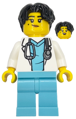 Doctor - Female, White Lab Coat with Stethoscope, Medium Azure Scrubs, Black Hair – ГРАДСКИ
