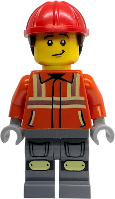 Construction Worker - Male, Reddish Orange Safety Jacket with Reflective Stripes, Dark Bluish Gray Legs with Knee Pads, Red Construction Helmet with Dark Brown Short Curly Hair – ГРАДСКИ