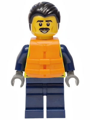 Police - City Officer Male, Neon Yellow Safety Vest, Dark Blue Legs, Black Combed Back Hair, Orange Life Jacket, Moustache – ГРАДСКИ