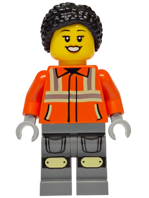 Construction Worker - Female, Reddish Orange Safety Jacket with Reflective Stripes, Dark Bluish Gray Legs with Knee Pads, Black Hair Braided with Knot Bun – ГРАДСКИ