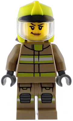 Fire - Female, Dark Tan Jacket and Legs with Reflective Stripes, Neon Yellow Fire Helmet, Trans-Clear Visor, Nougat Lips Smirk – ГРАДСКИ