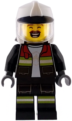 Fire - Male, Black Open Jacket and Legs with Reflective Stripes and Red Collar, White Fire Helmet, Trans-Clear Visor, Reddish Brown Moustache – ГРАДСКИ