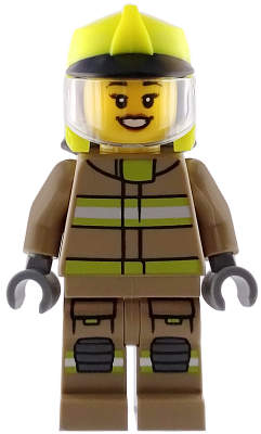 Fire - Female, Dark Tan Jacket and Legs with Reflective Stripes, Neon Yellow Fire Helmet, Trans-Clear Visor, Open Mouth Smile – ГРАДСКИ