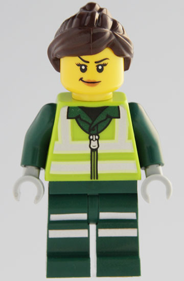 Recycling Worker - Female, Lime Safety Jacket with Reflective Stripes, Dark Green Legs with Reflective Stripes, Dark Brown Ponytail and Swept Sideways Fringe – ГРАДСКИ
