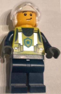 Police - City Officer Male, Neon Yellow Safety Vest, Dark Blue Legs, White Flight Helmet, Trans-Clear Visor, Lopsided Grin / Scared – ГРАДСКИ