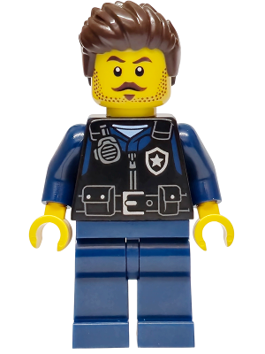 Police - City Officer Male, Black Safety Vest with Silver Star Badge Logo, Dark Blue Legs, Dark Brown Wavy Hair – ГРАДСКИ