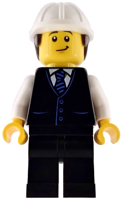 Construction Engineer / Architect - Male, Black Vest with Blue Striped Tie, Black Legs, White Construction Helmet with Dark Brown Hair, Lopsided Grin – ГРАДСКИ