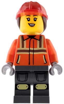 Construction Worker - Female, Reddish Orange Safety Jacket with Reflective Stripes, Dark Bluish Gray Legs, Red Construction Helmet with Dark Brown Ponytail Hair, Open Mouth Smile with Top Teeth – ГРАДСКИ