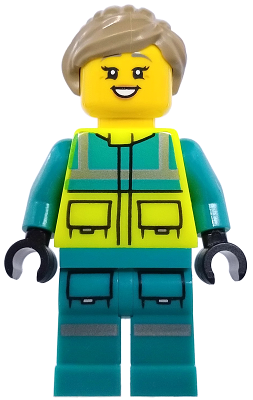 Paramedic - Female, Dark Turquoise and Neon Yellow Safety Vest, Legs with Silver Reflective Stripes, Dark Tan Hair – ГРАДСКИ
