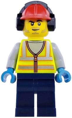 Airport Worker - Male, Neon Yellow Safety Vest with Reflective Stripes, Dark Blue Legs, Red Construction Helmet with Black Ear Protectors / Headphones, Stubble – ГРАДСКИ