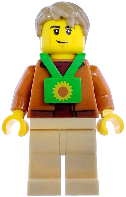 Plane Passenger - Male, Dark Orange Jacket, Tan Legs, Bright Green Sunflower Lanyard, Dark Tan Hair – ГРАДСКИ