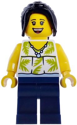 Plane Passenger - Female, White Sleeveless Top with Lime Palm Leaves, Dark Blue Legs, Black Hair Ponytail – ГРАДСКИ