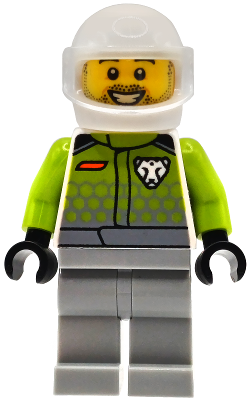 Race Car Driver - Male, Lime Racing Suit with Leopard Logo, Light Bluish Gray Legs, White Helmet, Tr – ГРАДСКИ