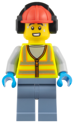 Airport Worker - Male, Neon Yellow Safety Vest with Reflective Stripes, Sand Blue Legs, Red Construction Helmet with Black Ear Protectors / Headphones – ГРАДСКИ